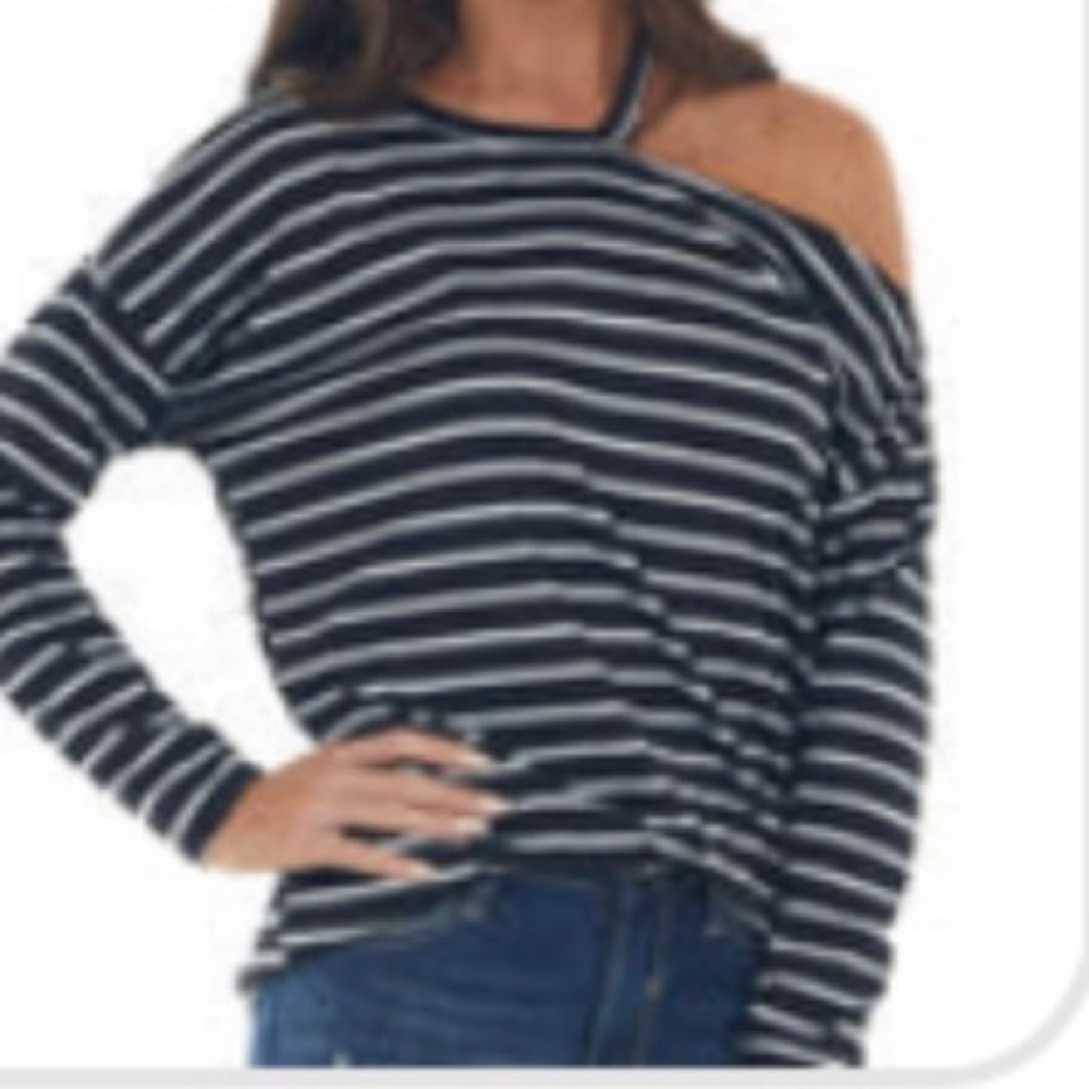 Black Striped cold Shoulder Long Sleeve Too